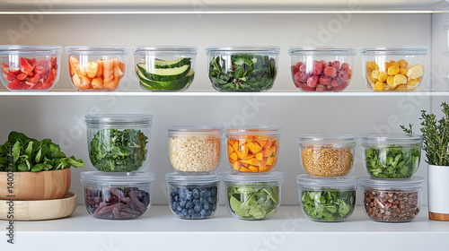 Modern fridge filled with organic and plant-based foods in clean, labeled containers for healthy meal prep