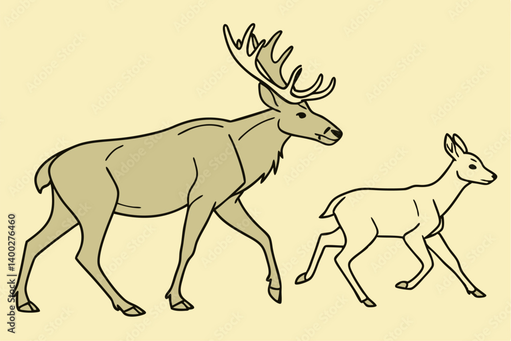 Fototapeta premium Walking moose and roe deer, animation on the yellow background (seamless loop) 
