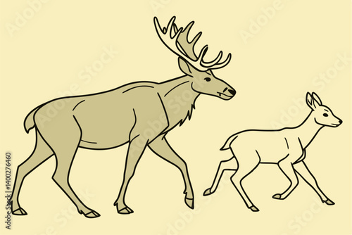 Walking moose and roe deer, animation on the yellow background (seamless loop)
