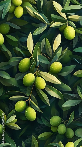 Seamless pattern with green olives on olive tree branches.