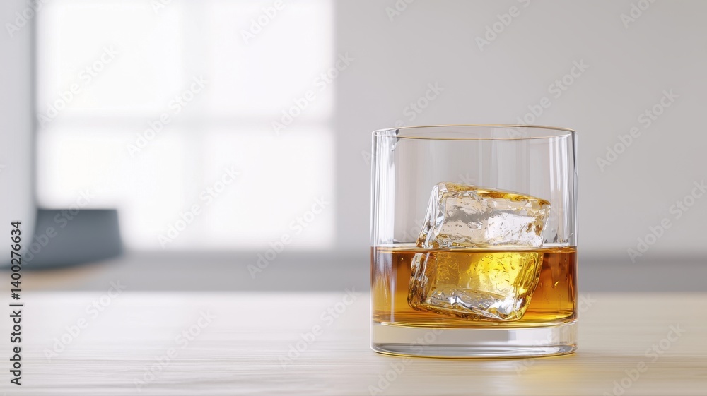 A glass of whiskey with ice cubes on a wooden table in a bright room. A glass of whiskey with ice cubes on a wooden table in a bright room.