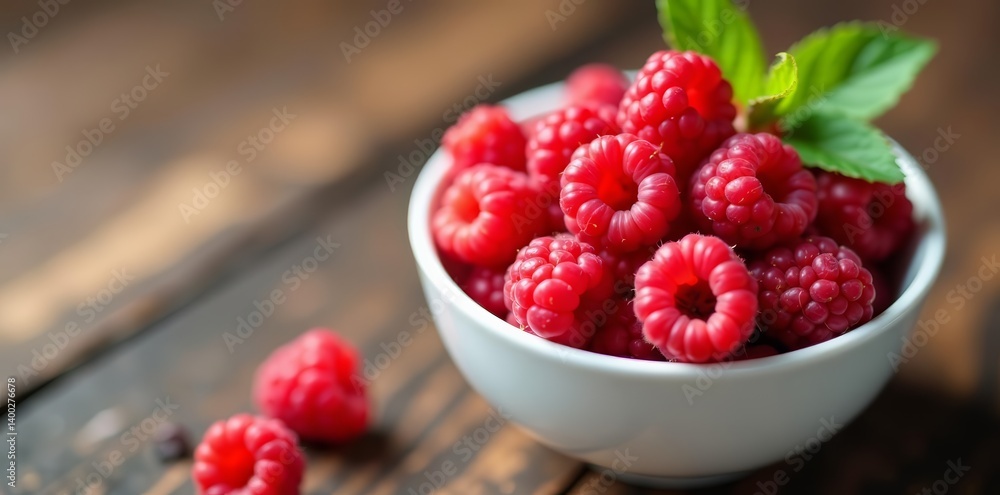 Close up of vibrant, fresh raspberries in a white ceramic bowl on a wooden table, table, close up, wooden Close up of vibrant, fresh raspberries in a white ceramic bowl on a wooden table, table, close up, wooden