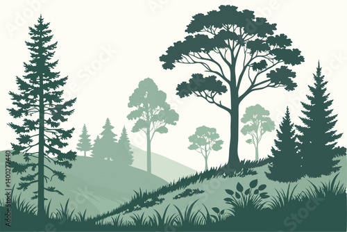 Design elements of forest trees. Constructor of landscape. Silhouettes of beautiful spruce trees, pine, bush, grass, hill. Creation of beautiful forest or park. Vector illustration