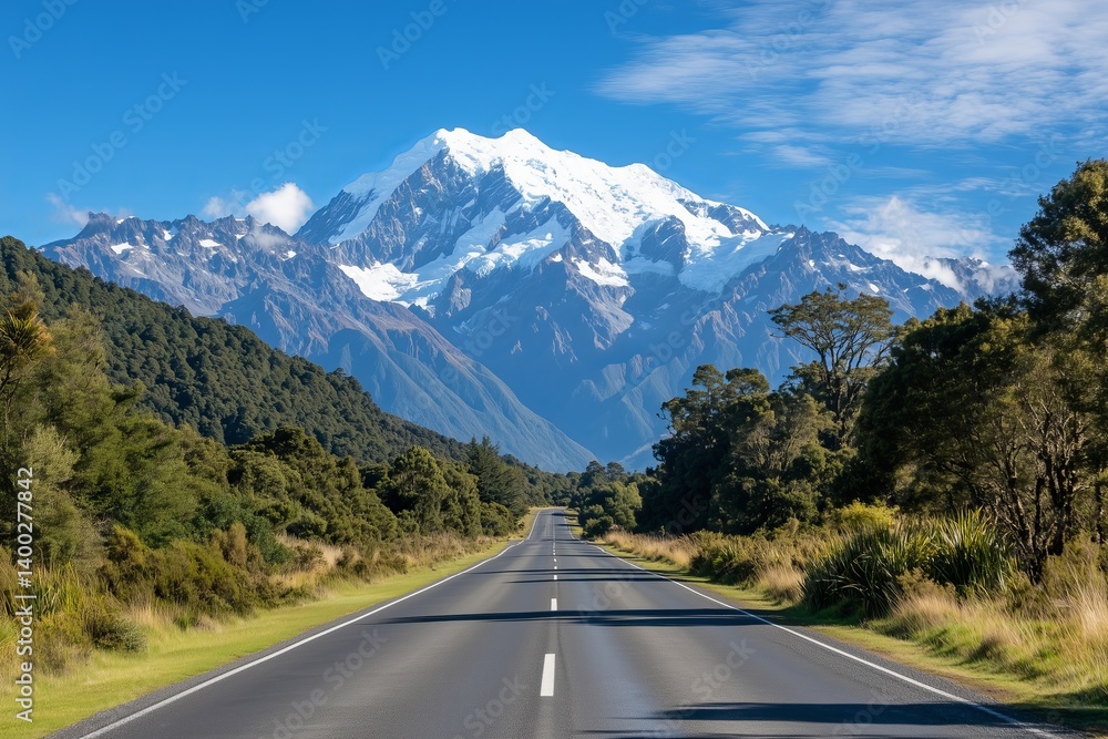Naklejka premium Asphalt road stretches toward majestic snow-capped mountain range under clear blue sky. Rich green pine forest lines sides of empty street, creating serene natural landscape. Perfect travel
