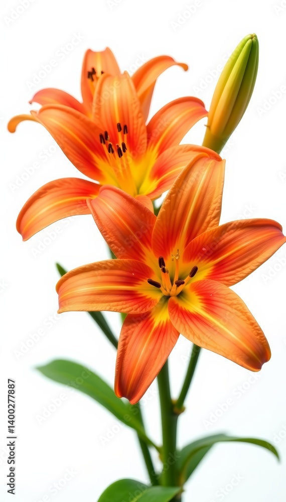 Fototapeta premium Close-up of vibrant lily flowers isolated on pure white background, petals, garden, beauty