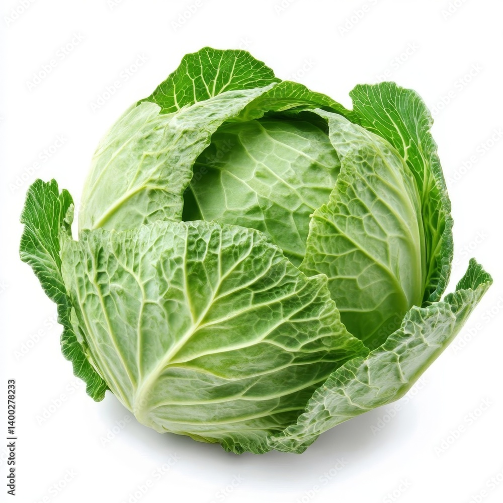 Close-up of fresh green cabbage with textured leaves on white background. Close-up of fresh green cabbage with textured leaves on white background.