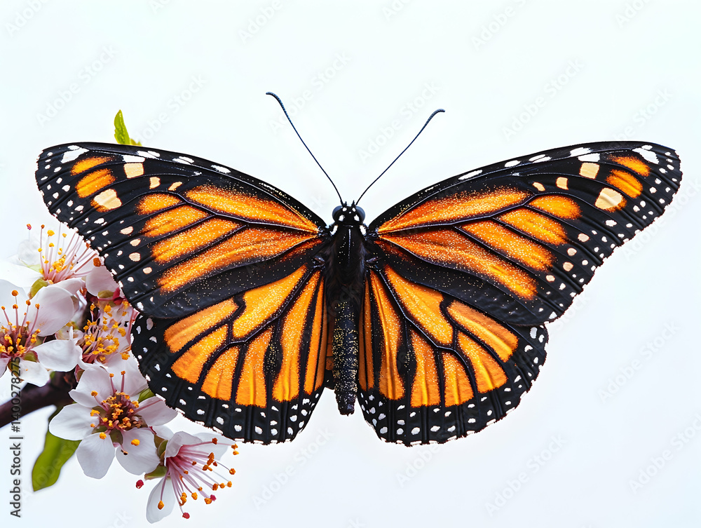 Naklejka premium Monarch butterfly with orange and black wings resting near a branch of delicate white blossoms