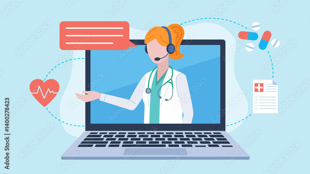 The character is wearing a headset and there is a speech bubble next to it. Laptop screen with a doctor, chatting with a patient. The character is wearing a headset and there is a speech bubble next to it. Laptop screen with a doctor, chatting with a patient.