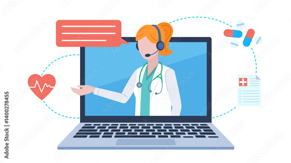 Laptop screen with a doctor, chatting with a patient. The character is wearing a headset and there is a speech bubble next to it. Laptop screen with a doctor, chatting with a patient. The character is wearing a headset and there is a speech bubble next to it.