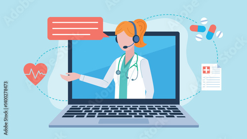 Laptop screen with a doctor, chatting with a patient. The character is wearing a headset and there is a speech bubble next to it. Around the laptop are icons of a heart, tablets and a medical document