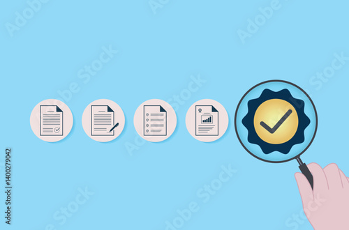 Quality control and certification assurance concept background vector art. Hand holding magnifying glass over check mark symbol. Alongside icons representing quality control certification