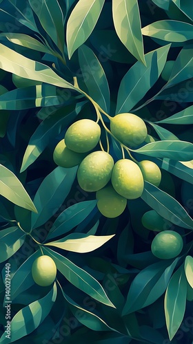 Seamless pattern with green olives on olive tree branches.