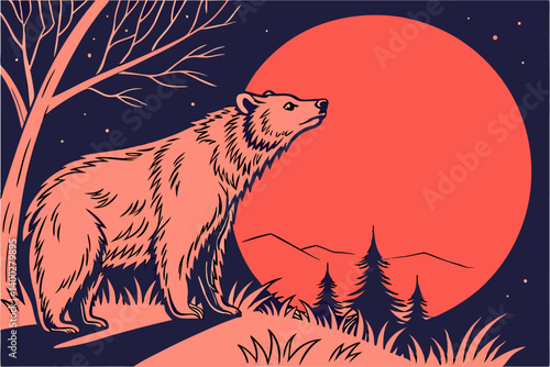 Bear on the background of red moon
