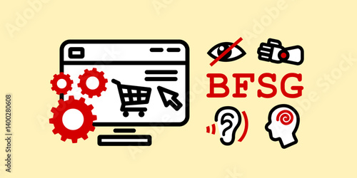 BFSG - Barrierefreiheitsstärkungsgesetz als Vektor Grafik mit Icons für Webseite, Seheinschränkung, Höreinschränkung, Bewegungseinschränkung und Denkeinschränkung