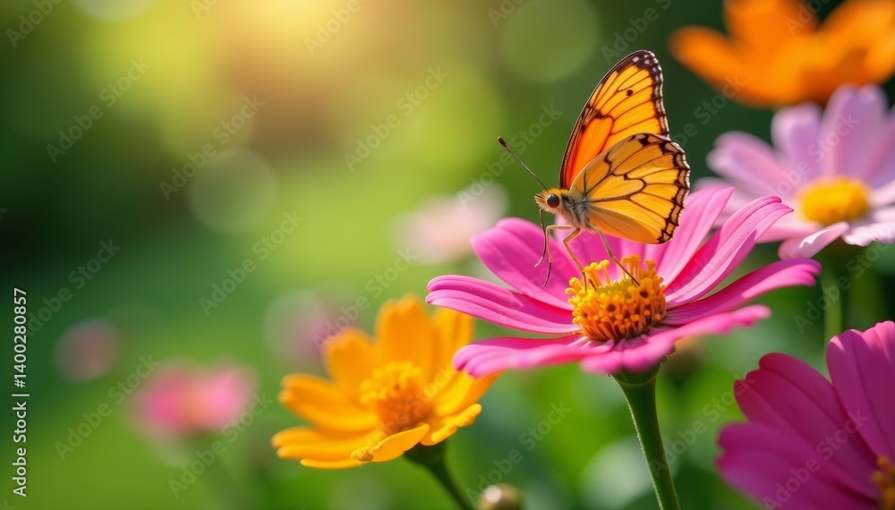 Close-up of vibrant spring flowers with a butterfly in a sunny garden, butterfly, spring, background Close-up of vibrant spring flowers with a butterfly in a sunny garden, butterfly, spring, background
