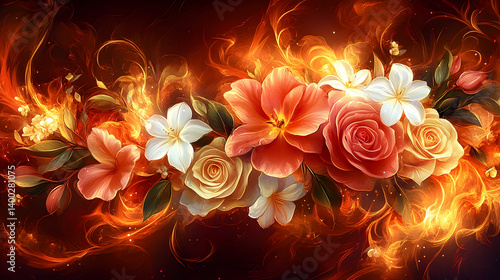 Floral bouquet in fiery flames
