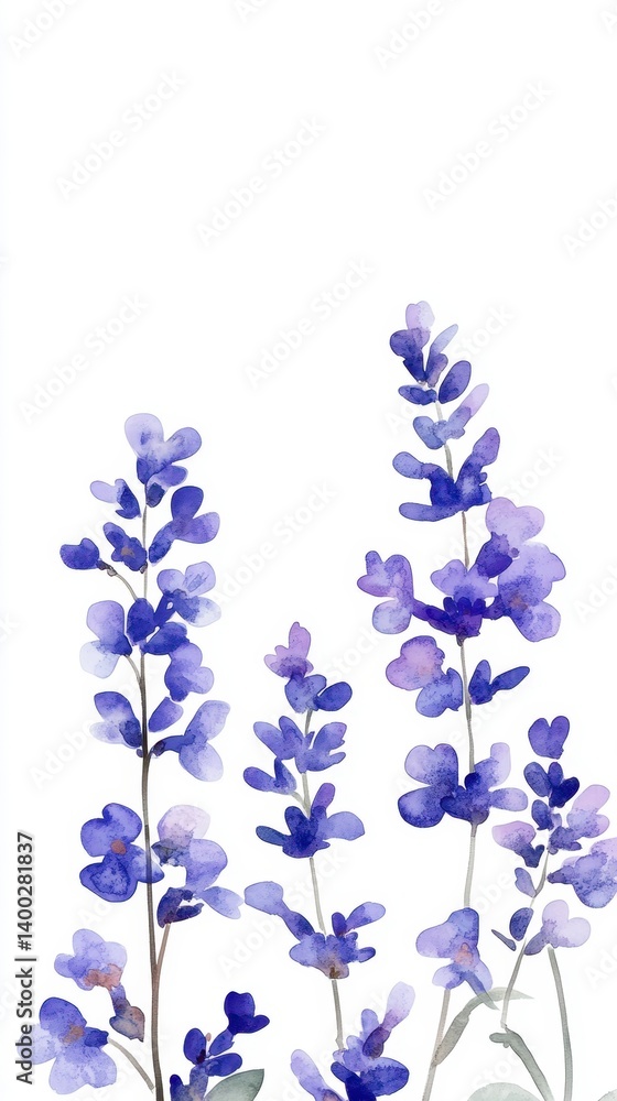 Obraz premium Watercolor Lavender Illustration on White Background Delicate Floral Design for Spring and Summer Themes Botanical Art with Soft Purple and Blue Hues
