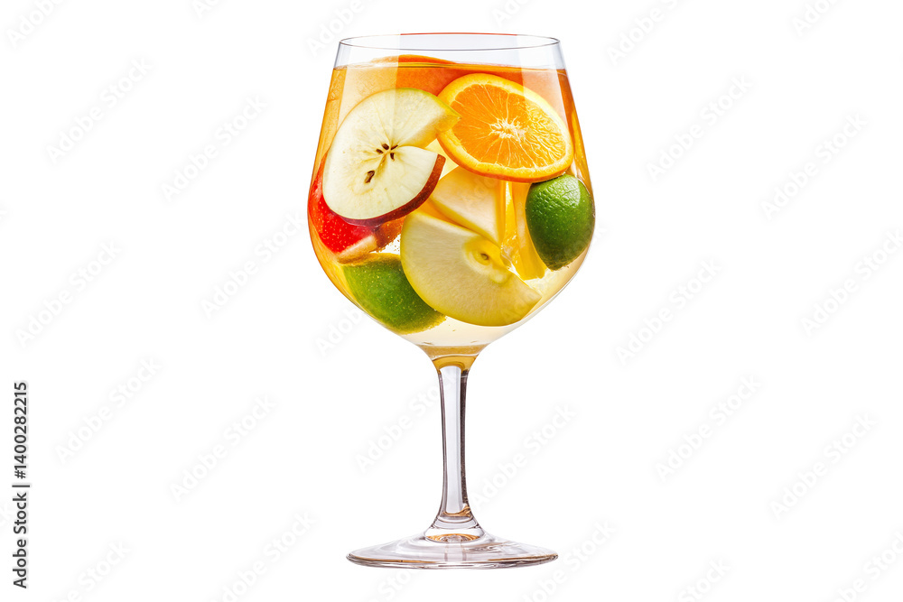 Refreshing fruit cocktail with apple orange and lime slices in wine glass isolated on transparent background Refreshing fruit cocktail with apple orange and lime slices in wine glass isolated on transparent background