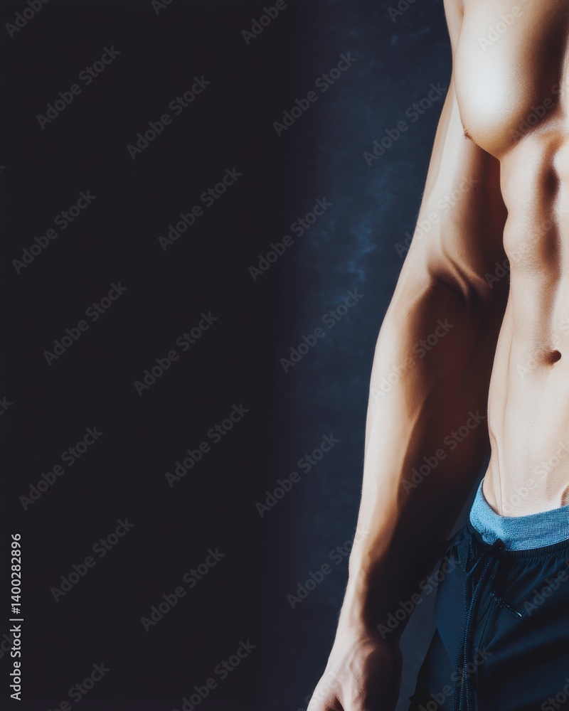 Naklejka premium Defined Muscular Male Torso Glistening with Sweat Against Dark Background