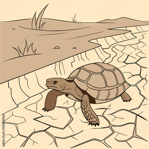 Cartoon Tortoise On Dry Cracked Earth