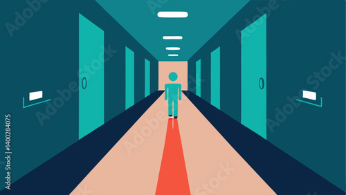 Hallway Transition A long hallway where lights automatically brighten as a person walks through with arrows showing the path of movement and a sensor icon nearby.