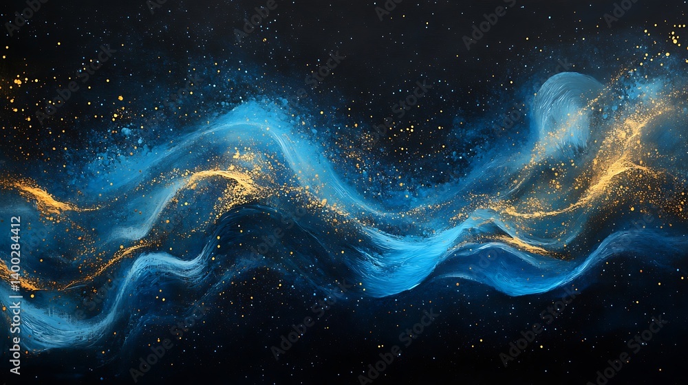 Elegant waves of blue light weaving with golden sparkling particles against a deep dark canvas Elegant waves of blue light weaving with golden sparkling particles against a deep dark canvas