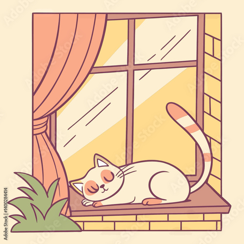 Cozy Cartoon Cat Sleeping Windowsill