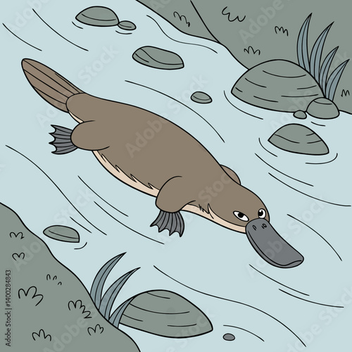 Playful Cartoon Platypus Swimming River