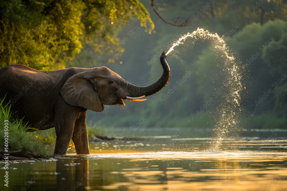 Obraz premium elephant in water, elephant in the river, Majestic elephant, spraying water with trunk, jungle river, lush green background, golden hour light, wildlife photography, splashing , reflective water,