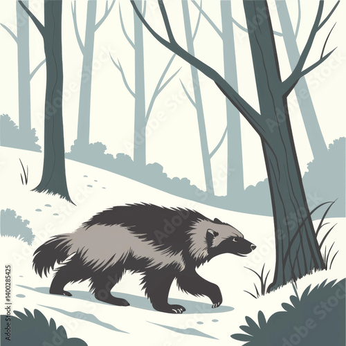 Wolverine In Snowy Forest Vector Art