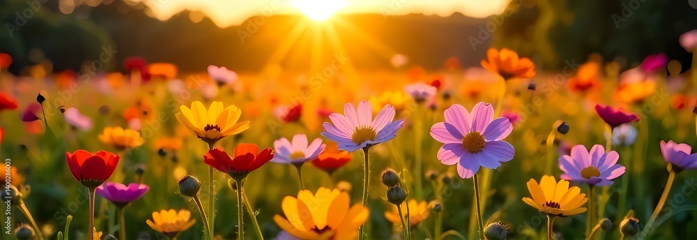Obraz premium Colorful wildflowers in a field at sunset. Natural light shines through the brightly colored flowers creating a spring/summer picture. Early summer.