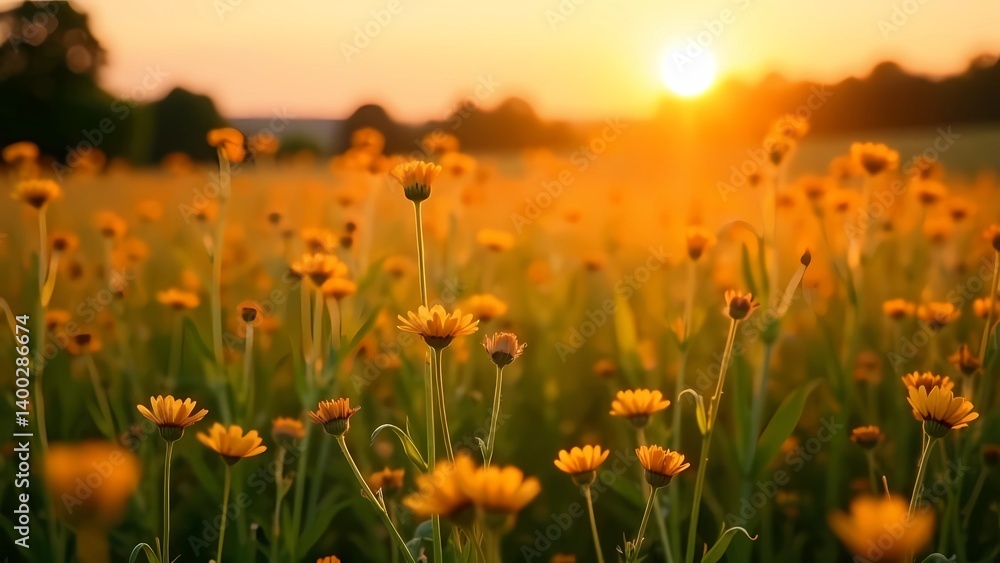 Fototapeta premium Colorful wildflowers in a field at sunset. Natural light shines through the brightly colored flowers creating a spring/summer picture. Early summer.