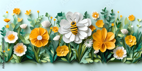 Paper flowers leaves and bee adorn a light blue background bringing a touch of nature indoors
