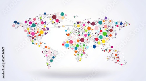 Abstract dotted world map made of colorful circles and lines on white background.