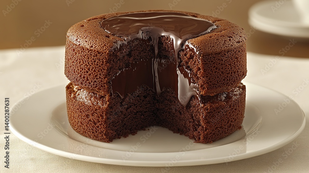 Chocolate lava cake with molten chocolate center, gooey chocolate spilling out from the cake