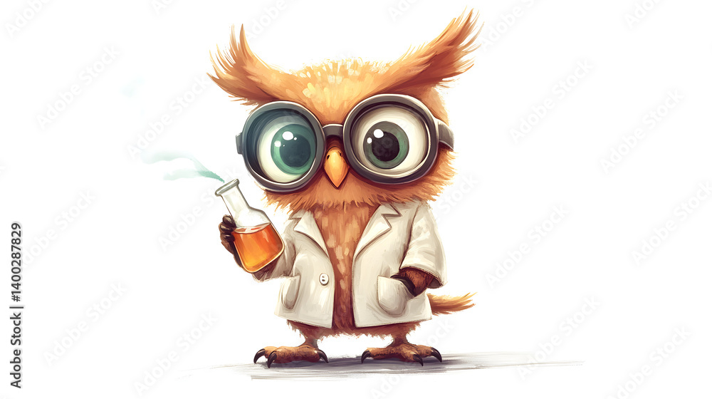 Fototapeta premium Adorable Owl Scientist in a Lab Coat with Beaker