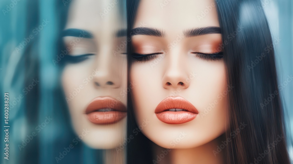 women with long hair and makeup admire their reflections in a mirror.