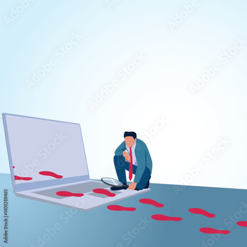 A man observes footprints that enter the laptop screen. A metaphorical illustration for digital footprints, browser history and tracking.