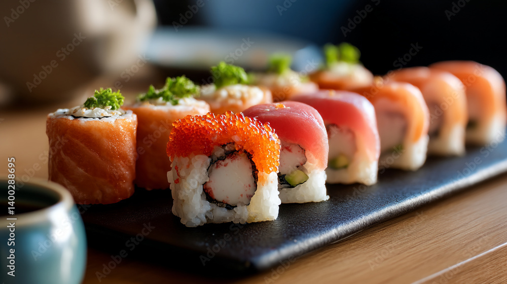 Delicious sushi rolls platter with salmon tuna and caviar for japanese food restaurant menu concept Delicious sushi rolls platter with salmon tuna and caviar for japanese food restaurant menu concept
