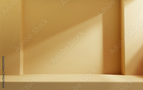 Beige room studio with table top and natural light. Product presentation template.