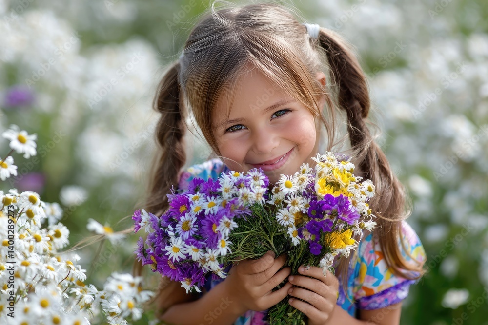 A happy little girl is picking flowers in the field, wearing colorful and smiling happily with pigtails on her head. A happy little girl is picking flowers in the field, wearing colorful and smiling happily with pigtails on her head.