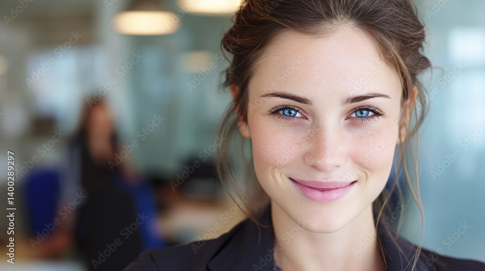 Young Businesswoman Smiling in Modern Office Setting Portrait Young Businesswoman Smiling in Modern Office Setting Portrait