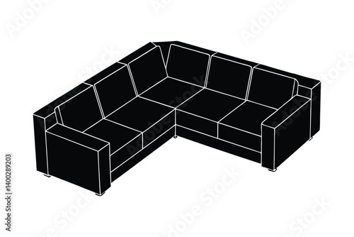 Silhouette illustration of an L-shaped sectional sofa.eps