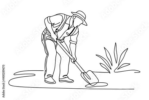Continuous one line drawing of male gardener working using a shovel, vector 