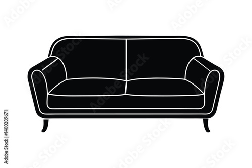Silhouette illustration of a luxury sofa with high armrests and thick seat cushions.eps