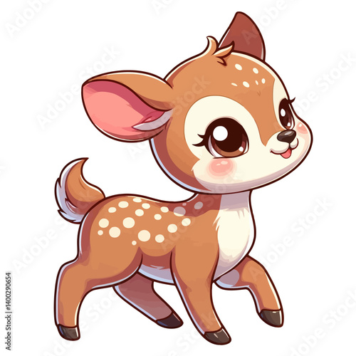 Charming cartoon illustration of a cute, light brown fawn with white spots, big adorable eyes, and a gentle expression, taking a step. Represents adorable animals, forest wildlife, and children's them