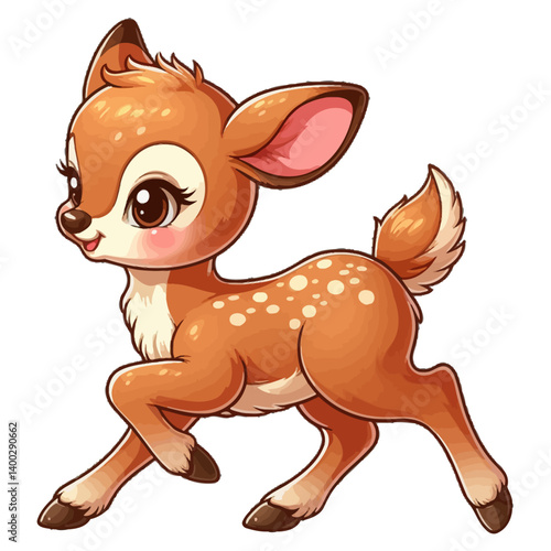 Charming cartoon illustration of a cute, light brown fawn with white spots, big adorable eyes, and a gentle expression, taking a step. Represents adorable animals, forest wildlife, and children's them
