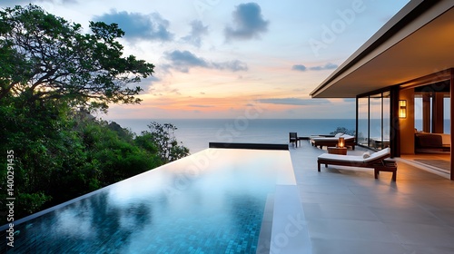 Luxury villa overlooking a serene ocean at sunset with infinity pool and modern architecture  evoking relaxation and tranquility