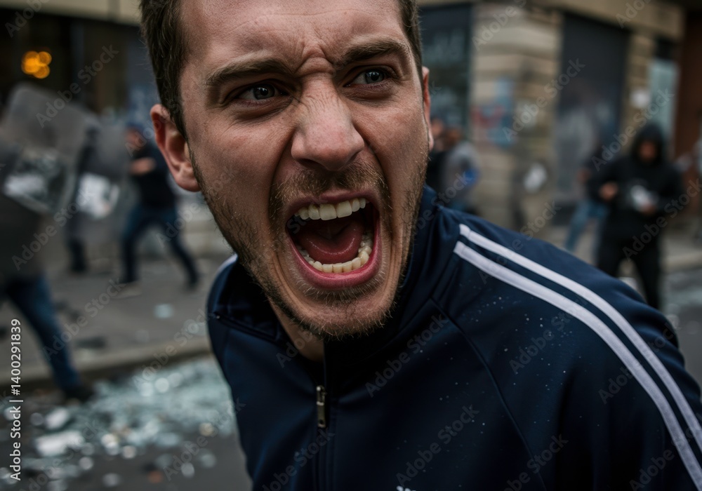 Angry protesting man yells during a street demonstration in Europe. Expression of discontent and rebellion for social issues and political protest concept, rioting