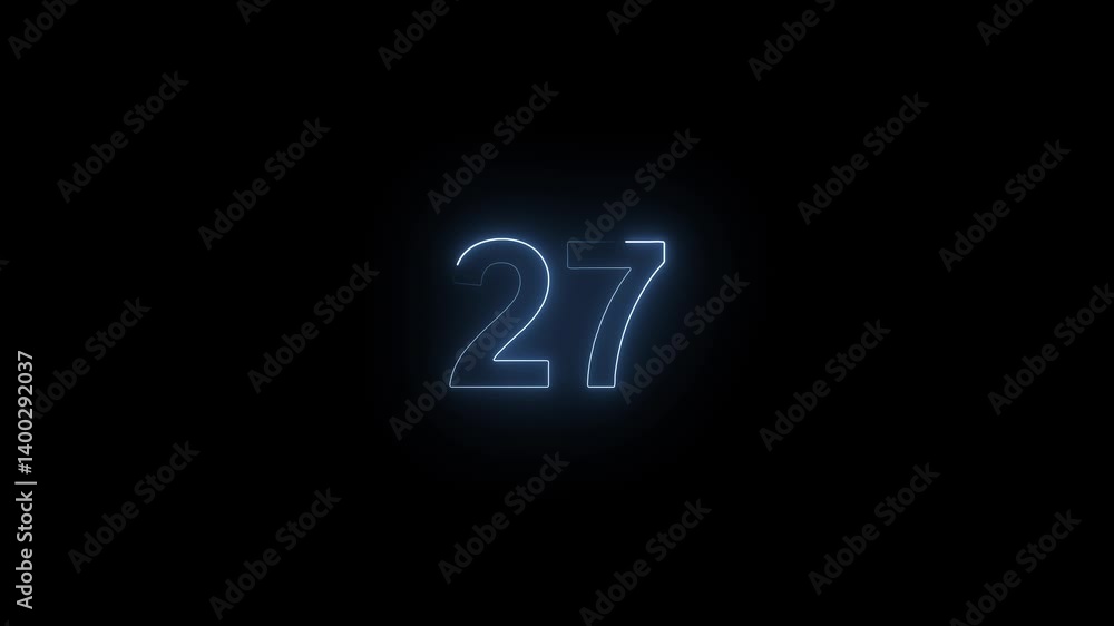 Abstract neon countdown 27 number 4k animation. Neon number 27 with alpha channel, Energy blue neon 27 number animation On black background.
Abstract neon countdown 27 number 4k animation. Neon number 27 with alpha channel, Energy blue neon 27 number animation On black background.